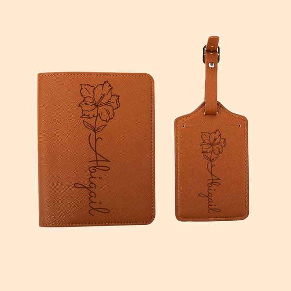 Nacimiento Personalizado Flor de cuero Funda de pasaporte Etiqueta de equipaje Set con nombre de viaje Regalo de cumpleaños esencial para las mujeres