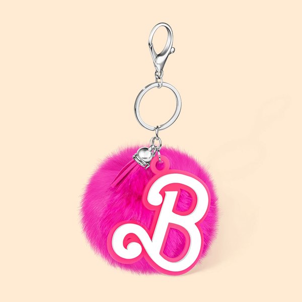 Personalizado rosa y blanco de piel esponjosa Pom Pom llavero bolso encanto con la inicial de moda y borlas de cumpleaños de regalo de vacaciones para