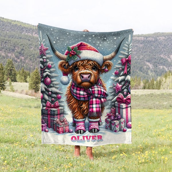 Vaca de las Tierras Altas personalizada Manta de forro polar suave con nombre Navidad Año Nuevo Regalo para bebé Niños