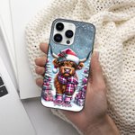 Cartone animato personalizzato innevato Natale Highland Mucca Custodia per iPhone con nome Regalo di Natale per la famiglia amico Highland Mucca amante