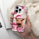 Personalized Cartoon Pink Floral Highland Cow Phone Case with Name Christmas Gift for Family Friend Highland Cow Lover