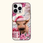 Personalized Cartoon Pink Floral Highland Cow Phone Case with Name Christmas Gift for Family Friend Highland Cow Lover