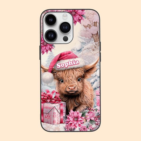 Personalized Cartoon Pink Floral Highland Cow Phone Case with Name Christmas Gift for Family Friend Highland Cow Lover