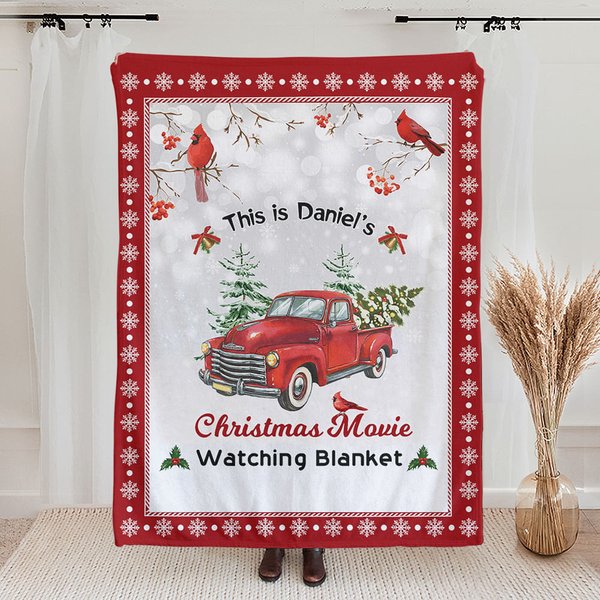 Personalised Vintage Red Lorry Christmas Movie Watching Blanket with Name Christmas Gift for Family Member Friend