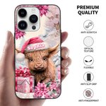 Personalized Cartoon Pink Floral Highland Cow Phone Case with Name Christmas Gift for Family Friend Highland Cow Lover