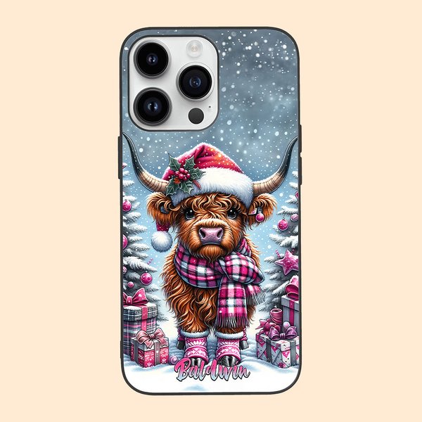 Gepersonaliseerde Cartoon besneeuwde kerst Highland koe telefoonhoesje voor iPhone met naam kerstcadeau voor familie vriend Highland koe liefhebber