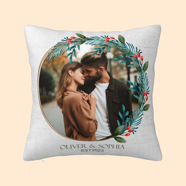 Personalised Wreath Throw Pillow Cover with Photo and Text Home Decoration Anniversary Valentine's Day Gift for Couple Family