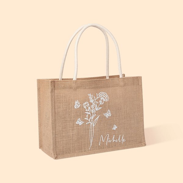 Sac Fourre-Tout Personnalisé avec Nom et Fleur à Papillons Sac en Jute de Grande Capacité Cadeau de Mariage Bridal Shower pour Femme