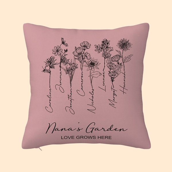 Personalised Birth Flower Garden Love Grows Here Cushion Throw Pillow Cover Mother's Day Christmas Gift for Mom Grandma