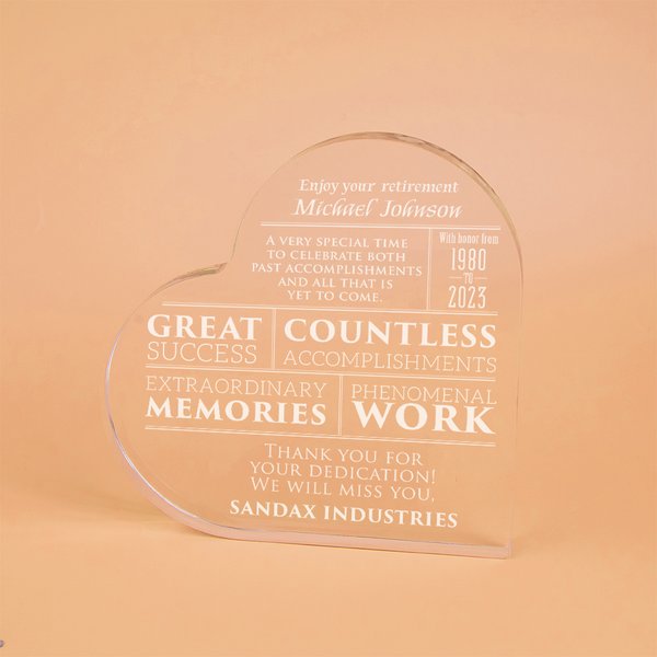 Personalized Acrylic Heart Shaped Plaque with Text Retirement Gift