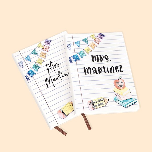 Personalised A5 Rainbow Glitter Bunting Leather Teacher Journal Notebook with Name Thank You Gift for Teacher