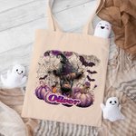 Personalizada Rosa púrpura calabaza mágica bruja Highland Vaca Bolsa de lona con nombre Halloween Navidad Regalo para Niños Niñas