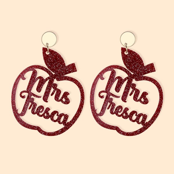 Personalised Pair of  Teacher Apple Glitter Acrylic Dangle Earrings Jewellery Accessory with Name Back to Shool  Appreciation Gift for Teacher Educato