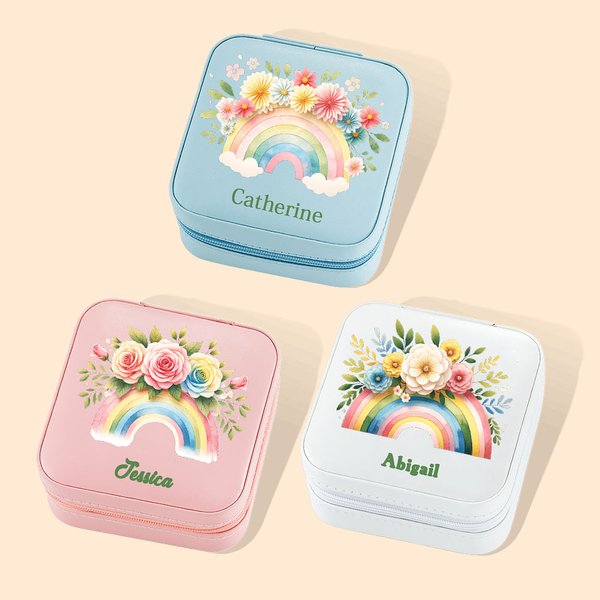 Personalisierte florale Regenbogen-Schmuckkästchen mit Namen bunte Reise-Accessoire Hochzeit Jahrestag Geburtstag Geschenk für Frauen Mädchen