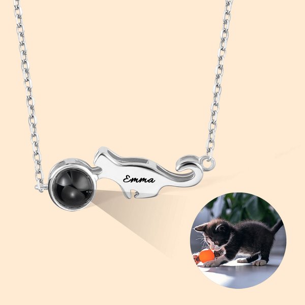 Personalisierte verspielte Katze Foto Projektion Halskette mit Ich liebe dich in 100 Sprachen und Name Geburtstag Memorial Geschenk für Katzenliebhabe