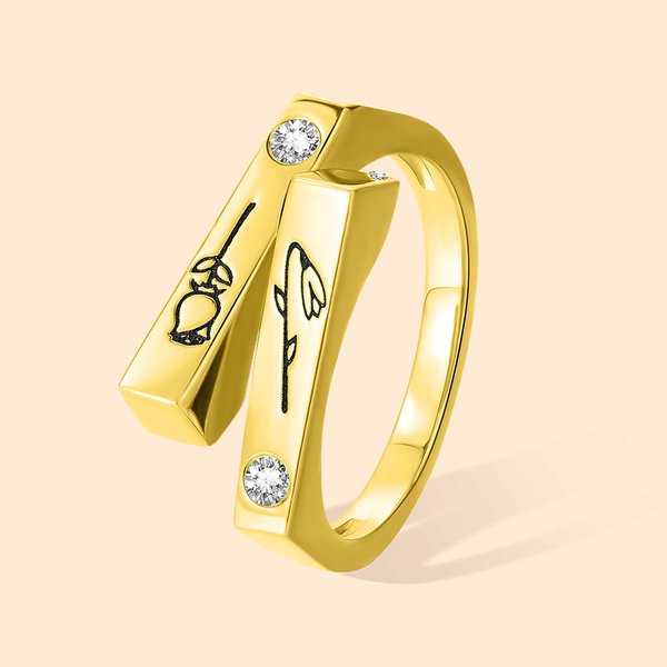 Anello personalizzato con due fiori di nascita e testo inciso Regalo di compleanno e anniversario per le donne