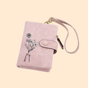 Portefeuille en Simili Cuir Porte-Monnaie Personnalisé avec Nom et Fleur Cadeau Anniversaire pour Femme