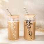 Personalised 16oz Birth Flower Name Glass Coffee Cup with Straw and Lid Birthday Wedding Bridesmaid Gift for Her
