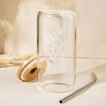 Personalised 16oz Birth Flower Name Glass Coffee Cup with Straw and Lid Birthday Wedding Bridesmaid Gift for Her