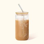 Personalised 16oz Birth Flower Name Glass Coffee Cup with Straw and Lid Birthday Wedding Bridesmaid Gift for Her