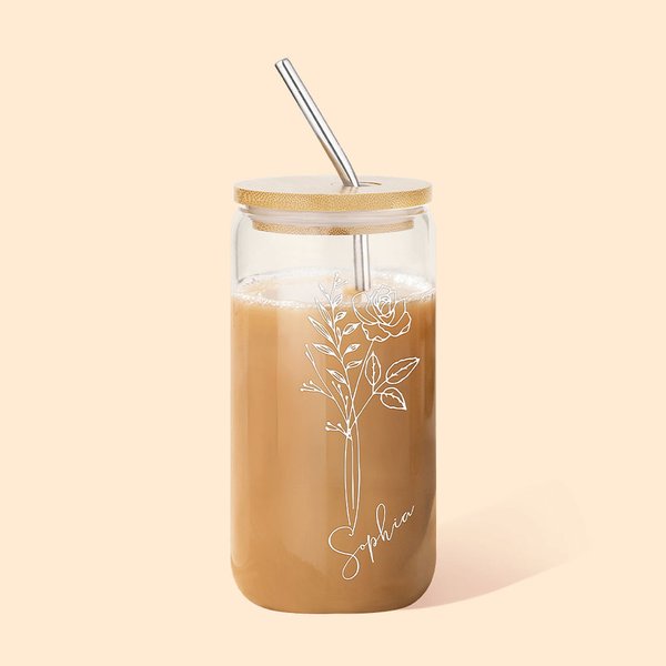 Personalizada 16 oz Nacimiento Nombre de la Flor de vidrio Taza de café con pajita y tapa Cumpleaños Boda Novia Regalo para ella