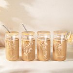 Personalised 16oz Birth Flower Name Glass Coffee Cup with Straw and Lid Birthday Wedding Bridesmaid Gift for Her