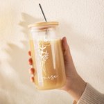 Personalised 16oz Birth Flower Name Glass Coffee Cup with Straw and Lid Birthday Wedding Bridesmaid Gift for Her