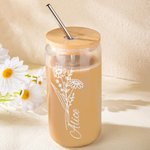 Personalised 16oz Birth Flower Name Glass Coffee Cup with Straw and Lid Birthday Wedding Bridesmaid Gift for Her