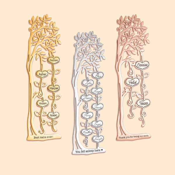 Personalised Family Tree Bookmark with 1-10 Names and Text Birthday Gift for Book Lover