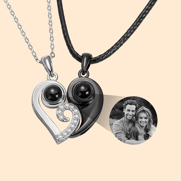 Personalised I Love You in 100 Language Photo Projection Heart Necklace 2 Pcs Set Valentine's Day Gift for Couple