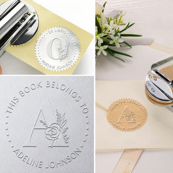 Personalizzato nome floreale iniziale timbro goffratore Ex Libris Busta libro goffratura etichetta Compleanno laurea regalo di apprezzamento per la famiglia amico