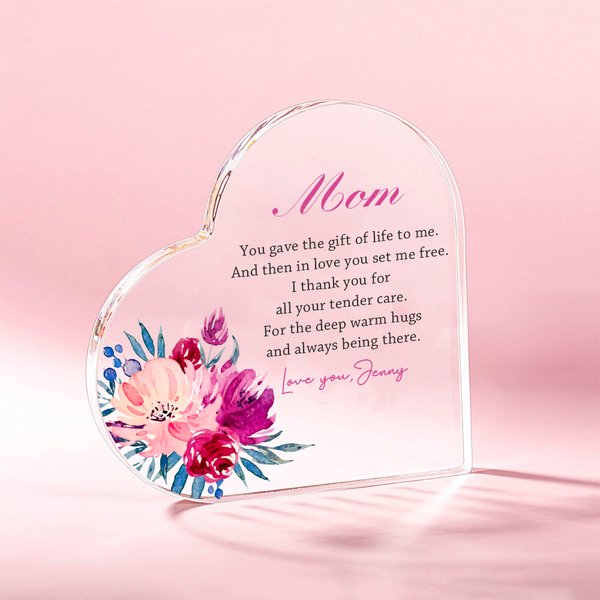 Diseño floral personalizado mamá corazón acrílico placa de escritorio signo decorativo Día de la Madre regalo de cumpleaños para la madre abuela