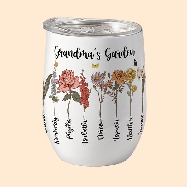Personalized Family Watercolour Birth Flower Garden 12oz Wine Tumbler Mother's Day Birthday Gift for Grandma Mom