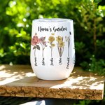 Personalized Family Watercolour Birth Flower Garden 12oz Wine Tumbler Mother's Day Birthday Gift for Grandma Mom