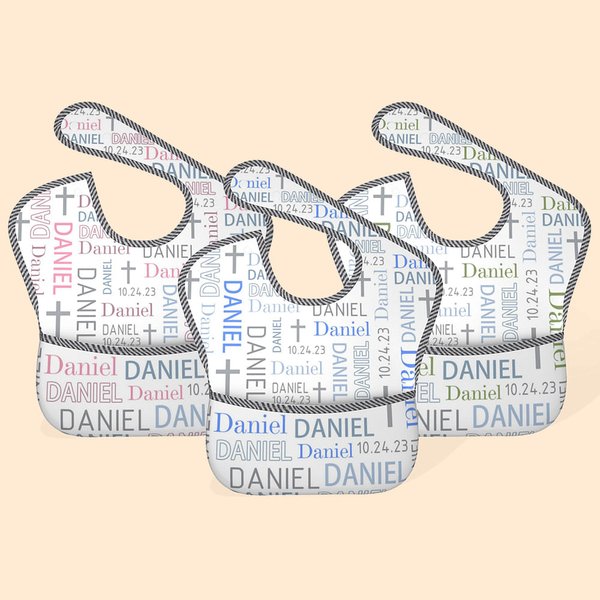 Personalized Waterproof Baptismal Cross Baby Bib with Pocket and Adjustable Tie Closure Eating Feeding Essential Baby Shower Gift for Boy Girl