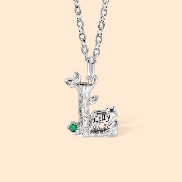 Collana con ciondolo personalizzato con iniziale a foglia e orsetto, pietra di nascita e nome inciso Gioielli boemi Regalo di compleanno e anniversari