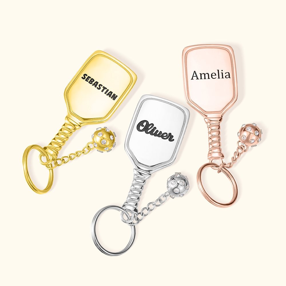 Portachiavi personalizzato con nome inciso della racchetta da pickleball in acciaio inossidabile con mini charm per pickleball Accessorio per zaino pe 1