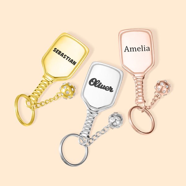 Personalisierte gravierte Pickleball Paddel Edelstahl Name Schlüsselanhänger mit Mini Pickleball Charme Rucksack Zubehör Geschenk für Pickleball Liebh