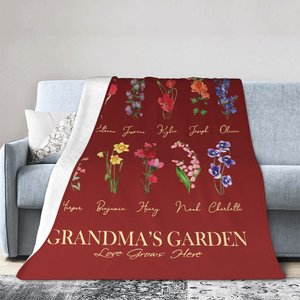 Couverture en Flanelle Personnalisée avec 1-18 Noms de Famille et Fleur de Naissance Cadeau pour Mère ou Grand-mère