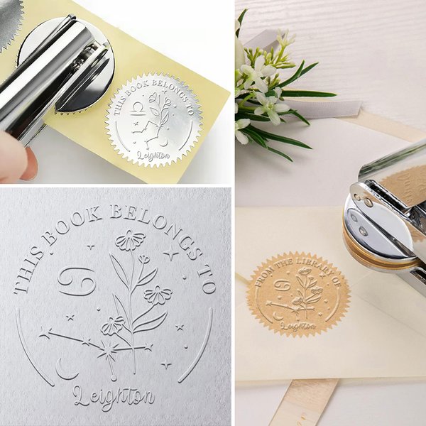 Segno zodiacale personalizzato e tema floreale di nascita Timbro a secco per libri con nome Regalo di Natale e compleanno per scrittore bibliotecario amante dei libri