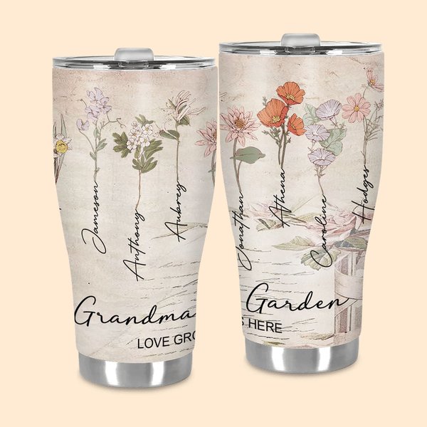Spersonalizowany kubek Nana's Garden Love Grows Here Watercolor Birth Flower 30oz Curved Tumbler Prezent urodzinowy dla kobiet i dziewczynek