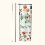 Gepersonaliseerd naaien thema Food Grade 20oz Skinny Tumbler met deksel en rietje schoonmaakborstel Verjaardag Moederdag cadeau voor moeder naailiefhe