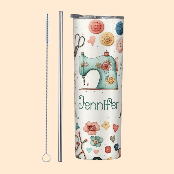 Gepersonaliseerd naaien thema Food Grade 20oz Skinny Tumbler met deksel en rietje schoonmaakborstel Verjaardag Moederdag cadeau voor moeder naailiefhe