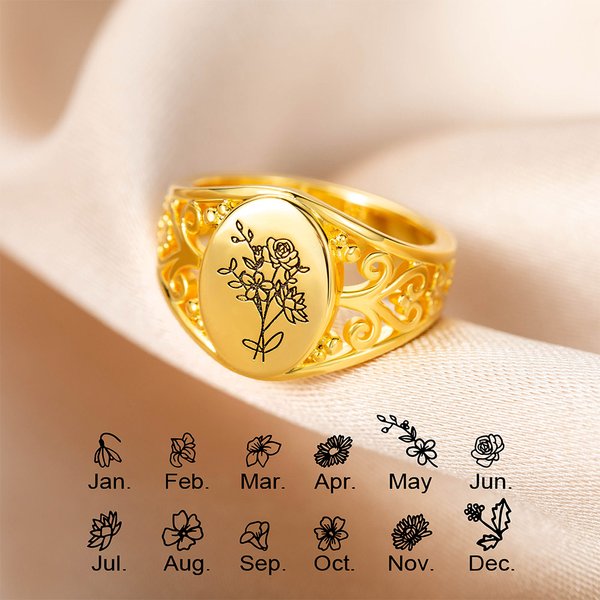 Anello d'argento con incisione personalizzata Retro Birth Flowers Bouquet Gioielli per la festa della mamma per le donne