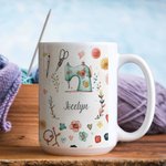 Personalised Sewing Theme Ceramic Mug with Name Birthday Mother's Day Gift for Mother Sewing Lover