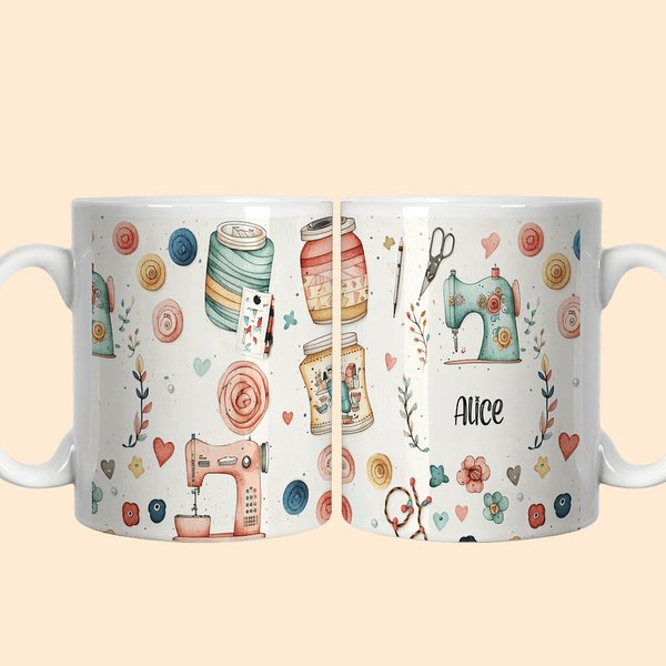 Personalised Sewing Theme Ceramic Mug with Name Birthday Mother's Day Gift for Mother Sewing Lover