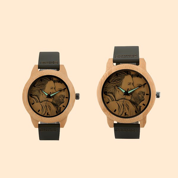 Personalized Bamboo Wood Photo Watch Engraved with Text Birthday Gift for Women Men