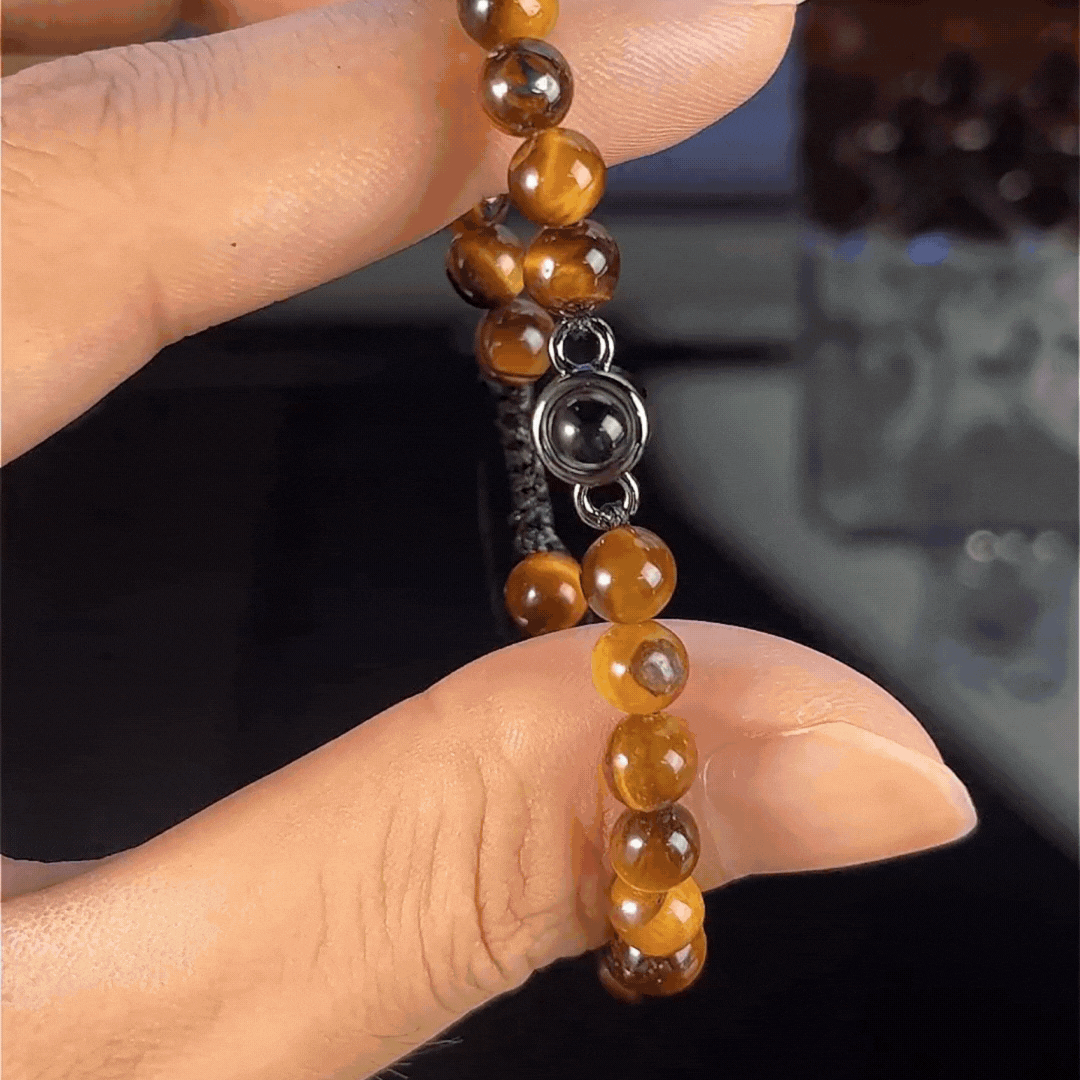Bracelet de Projection Personnalisé avec Photo Perles Œil-de-tigre Typiques Cadeau d'Anniversaire Saint-Valentin pour Homme