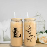 Personalised Flower Initial 20oz Glass Cup with Bamboo Lid and Straw Birthday Wedding Gift for Her