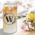 Personalised Flower Initial 20oz Glass Cup with Bamboo Lid and Straw Birthday Wedding Gift for Her